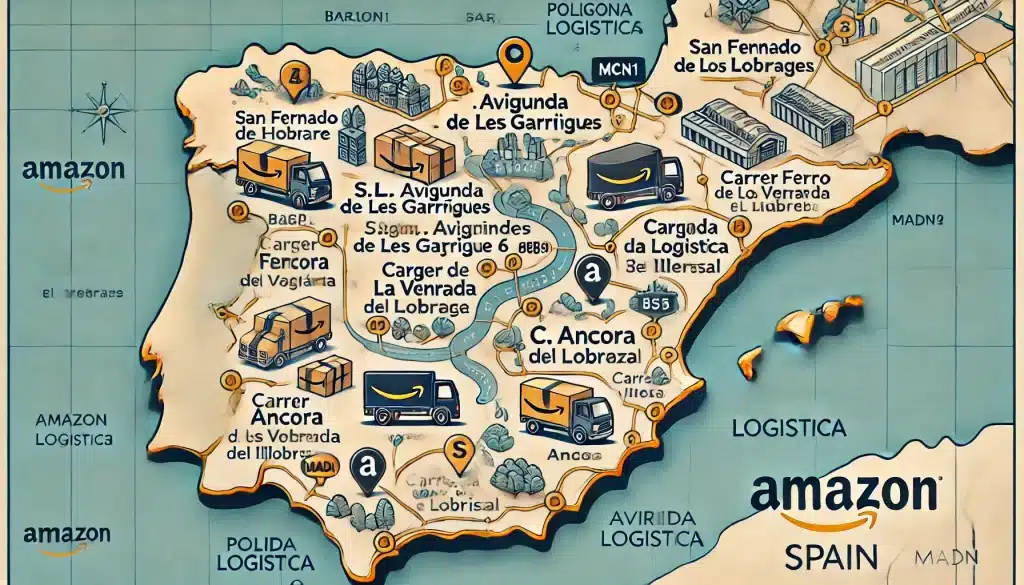 map of Spain highlighting the locations of Amazon warehouses